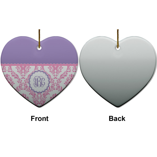 Pink, White & Purple Damask Ceramic Flat Ornament - Heart Front & Back (APPROVAL)