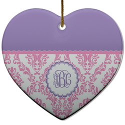 Pink, White & Purple Damask Heart Ceramic Ornament w/ Monogram