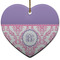 Pink, White & Purple Damask Ceramic Flat Ornament - Heart (Front)