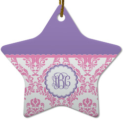 Pink, White & Purple Damask Star Ceramic Ornament w/ Monogram