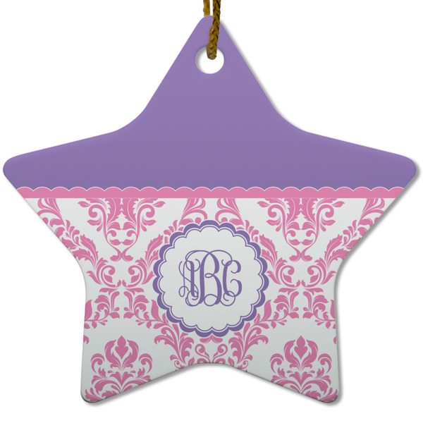 Custom Pink, White & Purple Damask Star Ceramic Ornament w/ Monogram