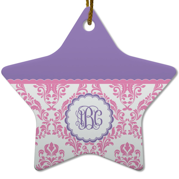 Pink, White & Purple Damask Ceramic Flat Ornament - Star (Front)