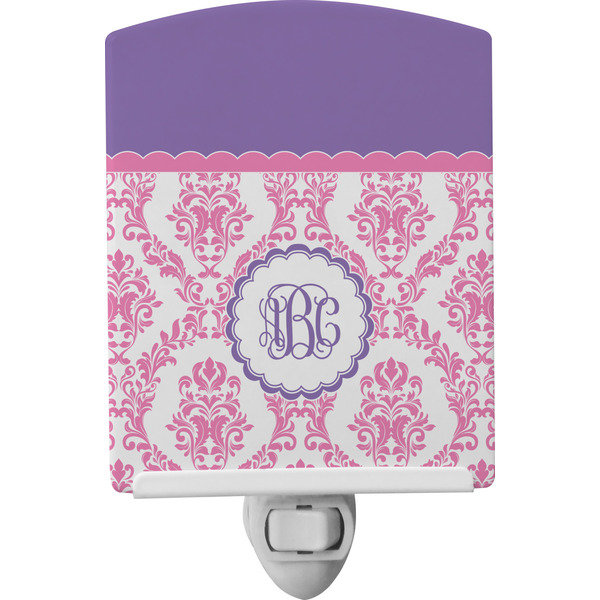 Custom Pink, White & Purple Damask Ceramic Night Light w/ Monogram