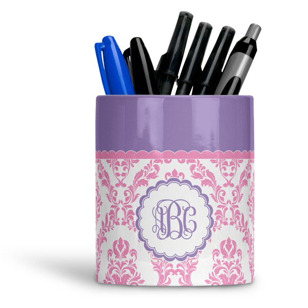 Custom Pink, White & Purple Damask Ceramic Pen Holder
