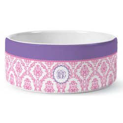 Pink, White & Purple Damask Ceramic Dog Bowl (Personalized)