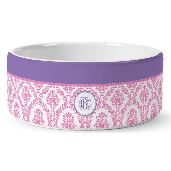 Custom Pink, White & Purple Damask Ceramic Dog Bowl (Personalized)