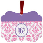 Pink, White & Purple Damask Metal Frame Ornament - Double Sided w/ Monogram