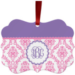 Pink, White & Purple Damask Metal Frame Ornament - Double Sided w/ Monogram