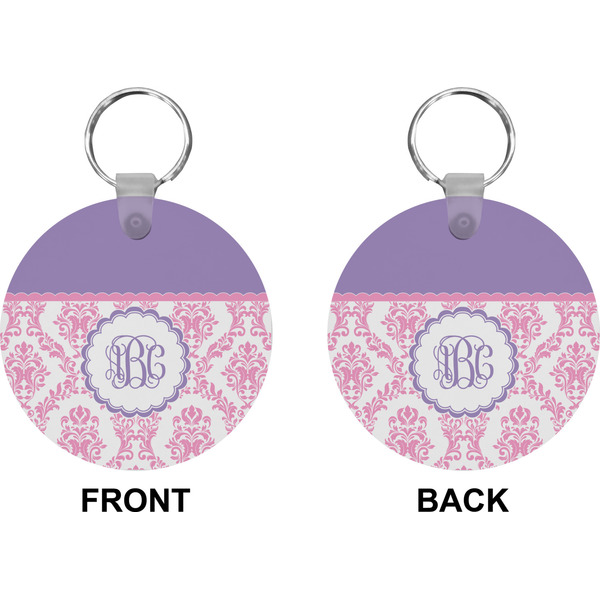 Pink, White & Purple Damask Circle Keychain (Front + Back)