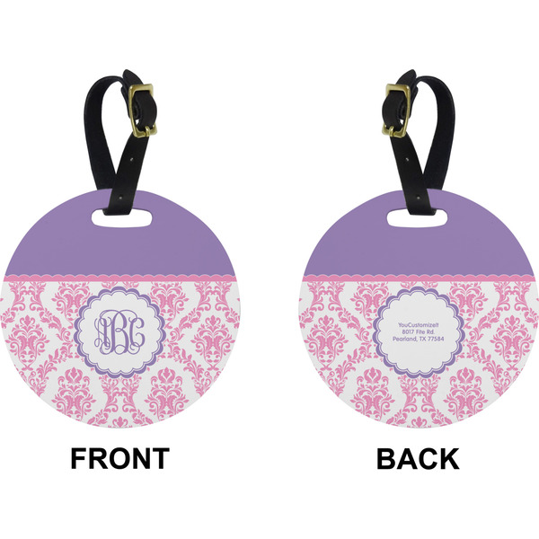 Pink, White & Purple Damask Circle Luggage Tag (Front + Back)