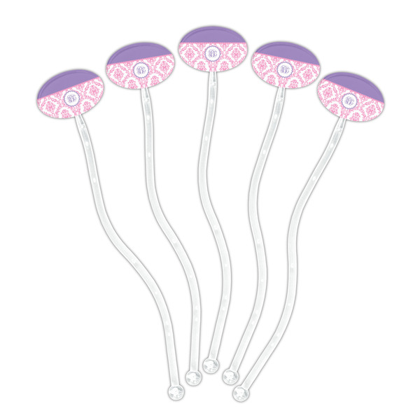 Pink, White & Purple Damask Clear Plastic 7" Stir Stick - Oval - Fan