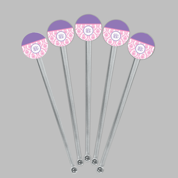 Pink, White & Purple Damask Clear Plastic 7" Stir Stick - Round - Fan View