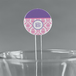 Pink, White & Purple Damask 5.5" Round Plastic Stir Sticks - Clear (Personalized)