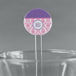 Pink, White & Purple Damask 5.5" Round Plastic Stir Sticks - Clear (Personalized)