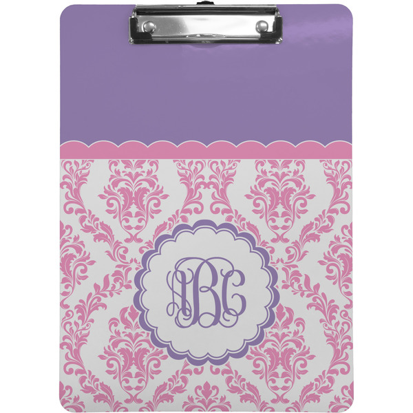 Custom Pink, White & Purple Damask Clipboard (Letter Size) w/ Monogram