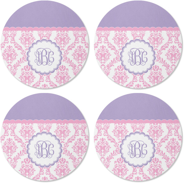 Pink, White & Purple Damask Coaster Round Rubber Back - Apvl