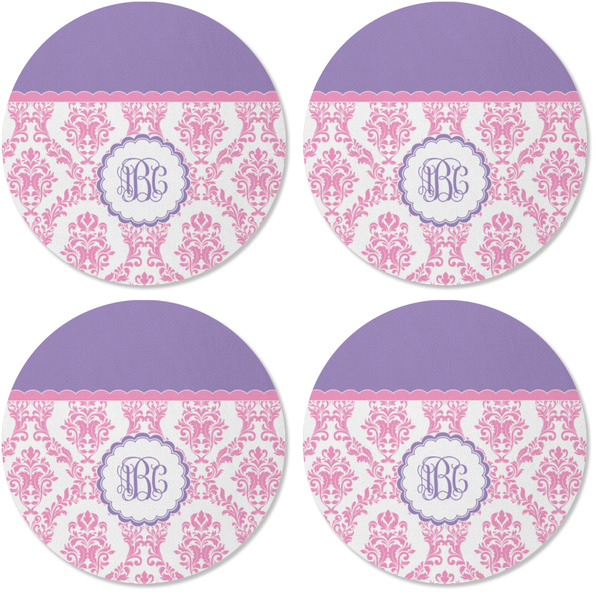 Pink, White & Purple Damask Coaster Round Rubber Back - Apvl