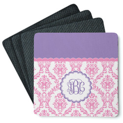 Pink, White & Purple Damask Square Rubber Backed Coasters - Set of 4 (Personalized)