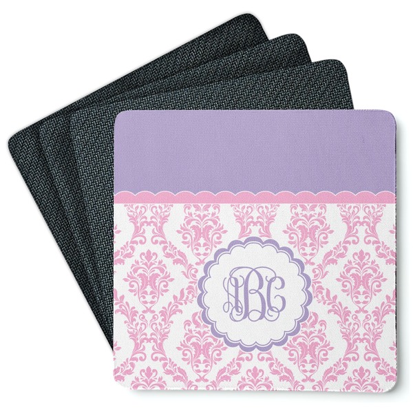 Custom Pink, White & Purple Damask Square Rubber Backed Coasters - Set of 4 (Personalized)