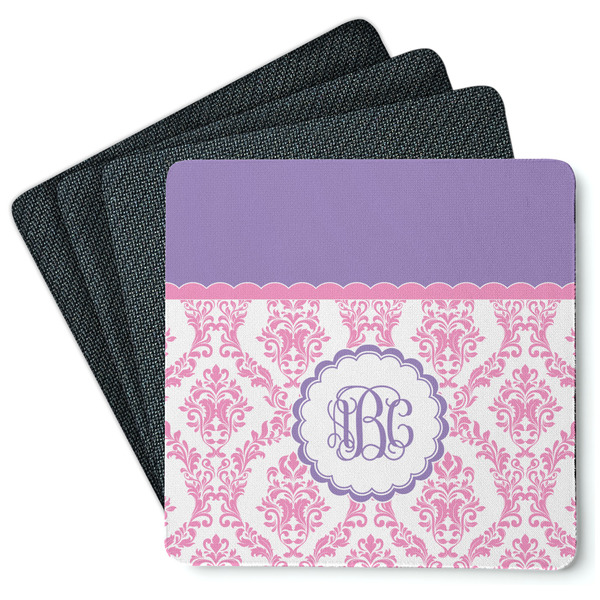 Pink, White & Purple Damask Coaster Rubber Back - Main