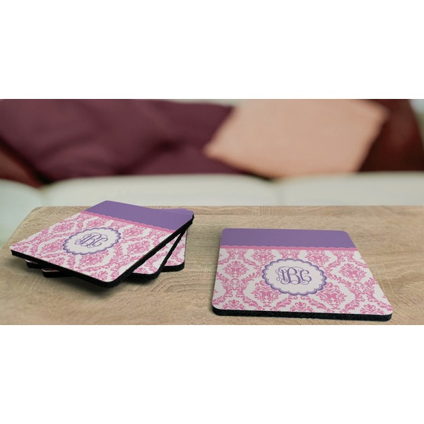 Pink, White & Purple Damask Coaster Rubber Back - On Coffee Table