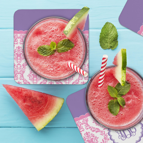 Pink, White & Purple Damask Coaster Set - LIFESTYLE