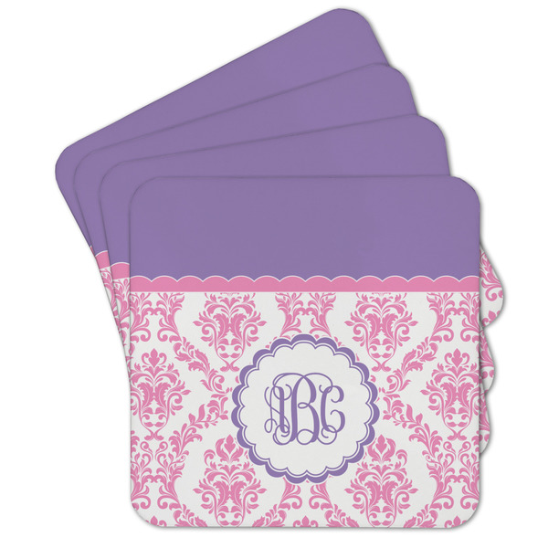 Custom Pink, White & Purple Damask Cork Coaster - Set of 4 w/ Monogram