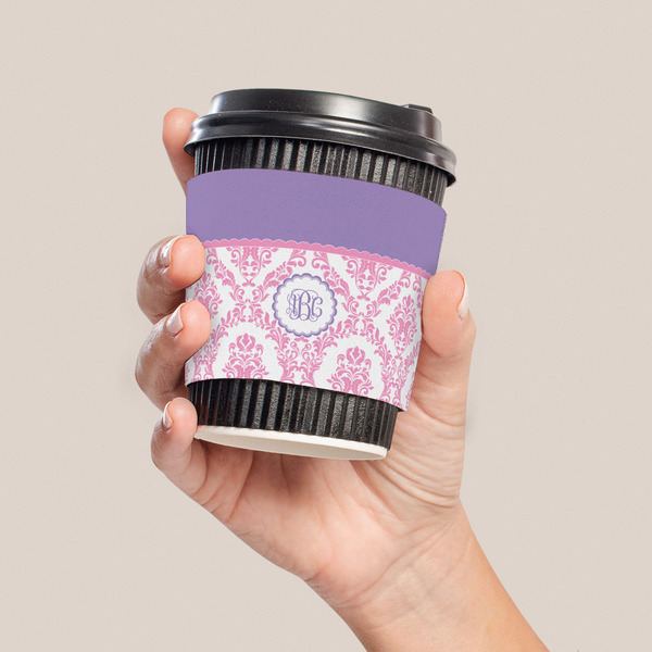Pink, White & Purple Damask Coffee Cup Sleeve - LIFESTYLE