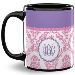 Pink, White & Purple Damask 11 Oz Coffee Mug - Black (Personalized)