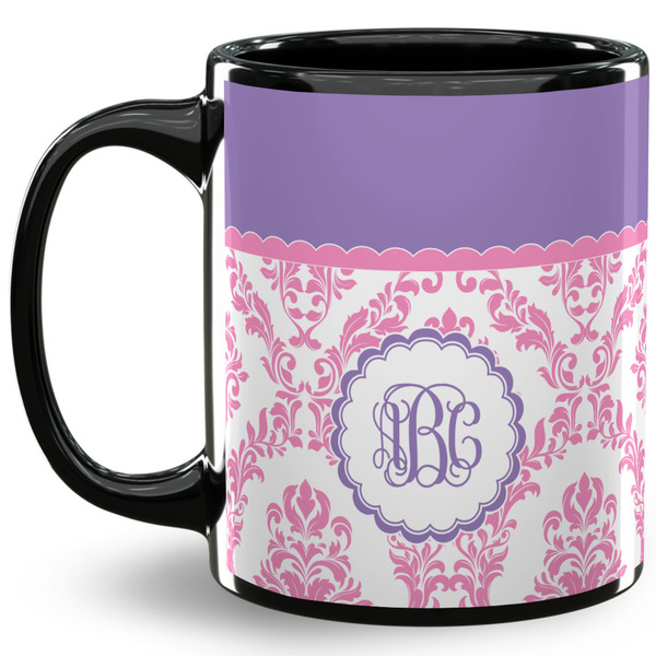 Custom Pink, White & Purple Damask 11 Oz Coffee Mug - Black (Personalized)
