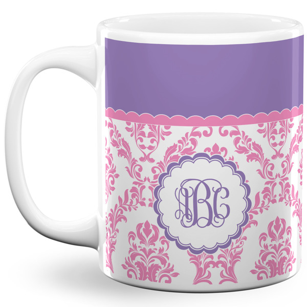 Custom Pink, White & Purple Damask 11 Oz Coffee Mug - White (Personalized)