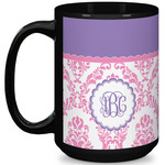Pink, White & Purple Damask 15 Oz Coffee Mug - Black (Personalized)