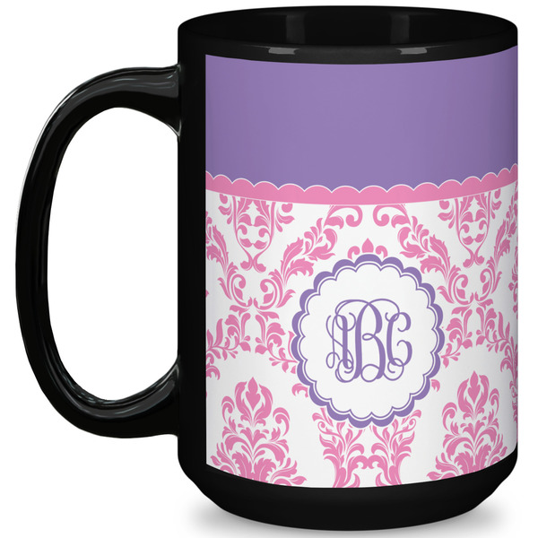 Custom Pink, White & Purple Damask 15 Oz Coffee Mug - Black (Personalized)
