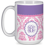 Pink, White & Purple Damask 15 Oz Coffee Mug - White (Personalized)