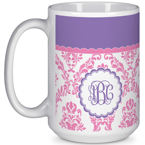Custom Pink, White & Purple Damask 15 Oz Coffee Mug - White (Personalized)