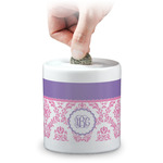 Pink, White & Purple Damask Coin Bank (Personalized)