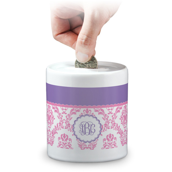 Custom Pink, White & Purple Damask Coin Bank (Personalized)