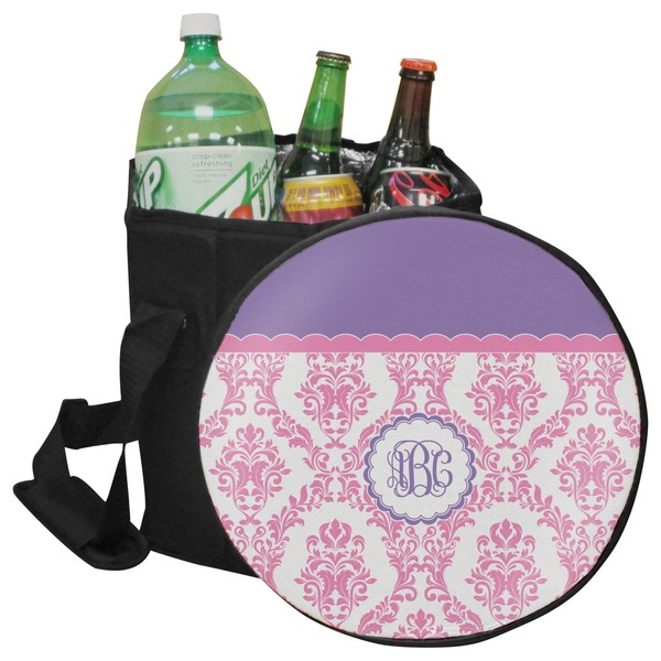 Custom Pink, White & Purple Damask Collapsible Cooler & Seat (Personalized)