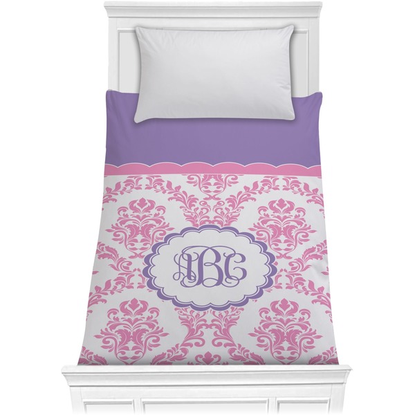Custom Pink, White & Purple Damask Comforter - Twin XL (Personalized)