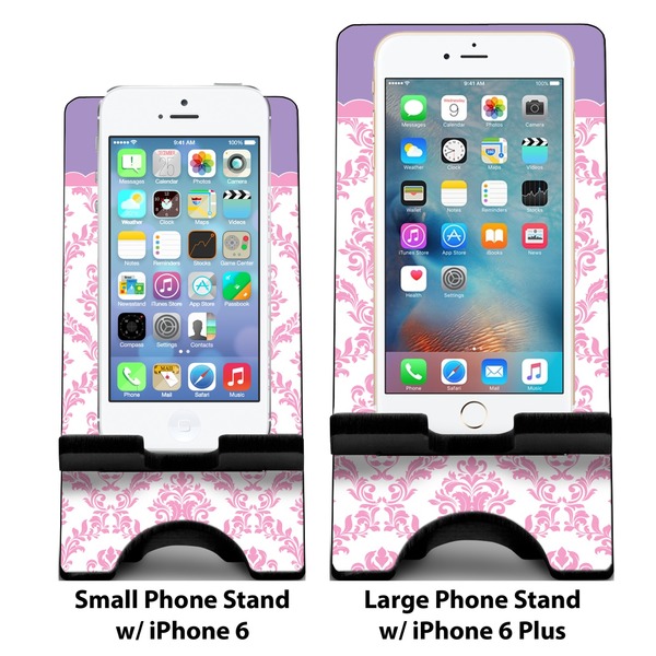 Pink, White & Purple Damask Compare Phone Stand Sizes - with iPhones