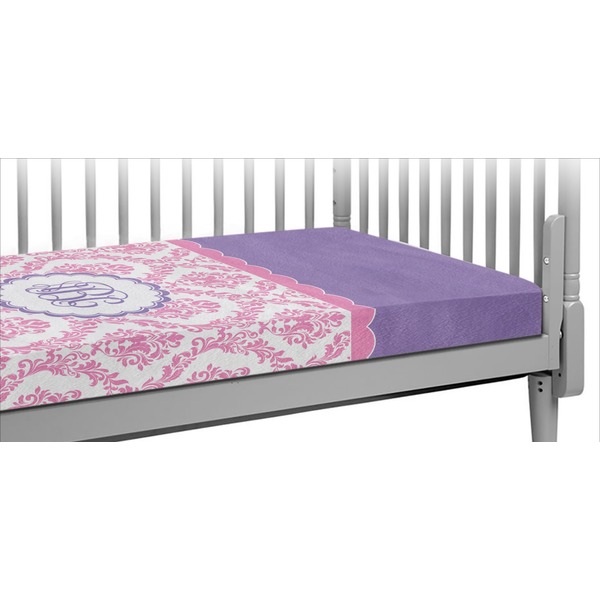 Custom Pink, White & Purple Damask Crib Fitted Sheet (Personalized)