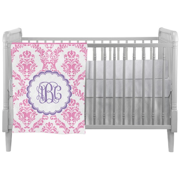 Custom Pink, White & Purple Damask Crib Comforter / Quilt (Personalized)