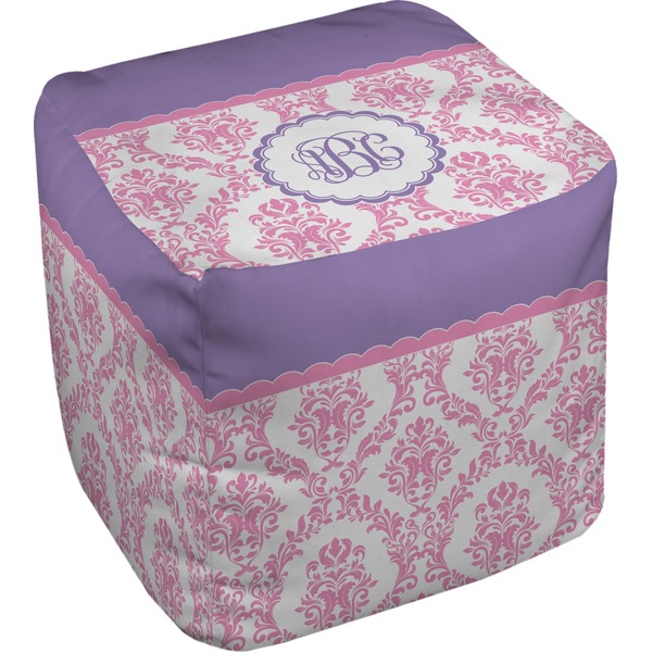 Custom Pink, White & Purple Damask Cube Pouf Ottoman (Personalized)