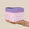 Pink, White & Purple Damask Cube Favor Gift Box - On Hand - Scale View