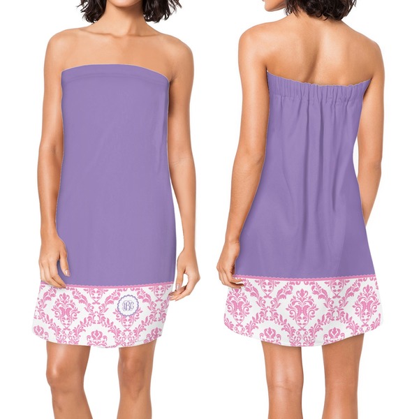 Pink, White & Purple Damask Custom Bath Wrap - Front & Back View