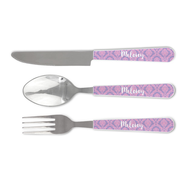 Custom Pink, White & Purple Damask Cutlery Set (Personalized)