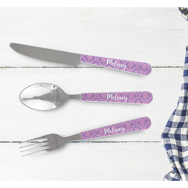 Pink, White & Purple Damask Cutlery Set - w/ PLATE