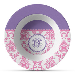 Pink, White & Purple Damask Plastic Bowl - Microwave Safe - Composite Polymer (Personalized)