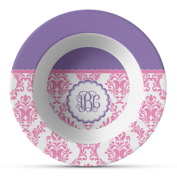 Custom Pink, White & Purple Damask Plastic Bowl - Microwave Safe - Composite Polymer (Personalized)