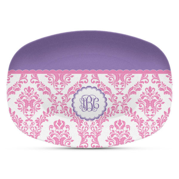 Custom Pink, White & Purple Damask Plastic Platter - Microwave & Oven Safe Composite Polymer (Personalized)